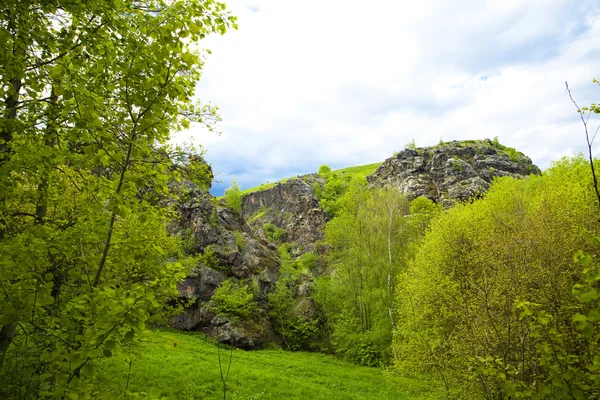 Скала с зеленым на фоне голубого неба с облаками — стоковое фото