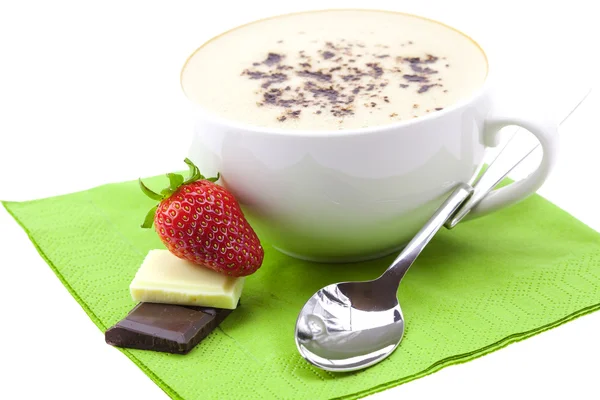 Cappuccino with chocolate and strawberries isolated on white — Stock Photo, Image