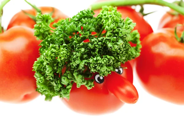 Tomato with a nose and green isolated on white — Stock Photo, Image