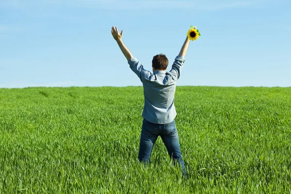 Jovem de pé com um girassol no campo verde — Fotografia de Stock