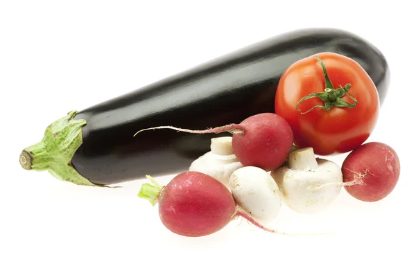 Eggplant mushrooms radishes and tomatoes isolated on white — Stock Photo, Image