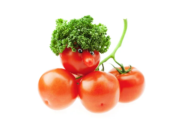 Tomate mit Nase und einem Bund Tomaten isoliert auf weiß — Stockfoto