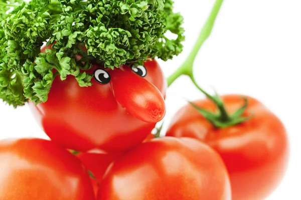 Rajče s nosem a pár rajčat a bylinek, izolované na — Stock fotografie