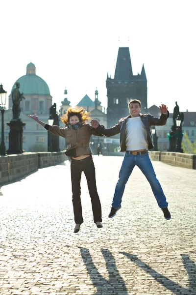 Love couple in jump — Stock Photo, Image