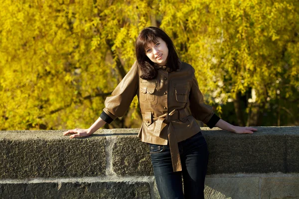 Piękna młoda kobieta stojąc na moście — Zdjęcie stockowe