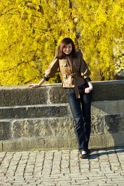 Beautiful young woman standing on the bridge — Stock Photo, Image