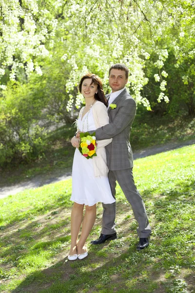 Just married standing under the greenwood tree — Stock Photo, Image