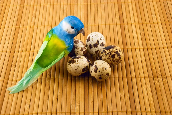 Vogel- en de kwartel eieren op een bamboe-mat — Stok fotoğraf