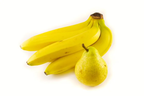 Mogen banan och päron på vit bakgrund — Stockfoto