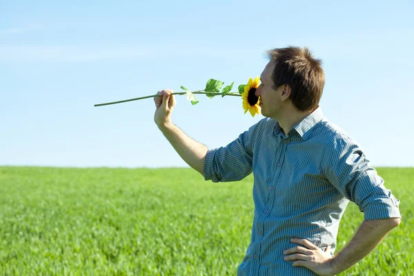Fiatal férfi állt, a napraforgó, a zöld mezőben — Stock Fotó