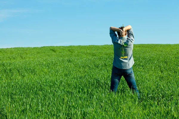 Молодой человек стоит с подсолнухом в зеленом поле — стоковое фото