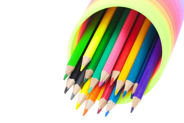 Πολύχρωμο παιχνίδι άνοιξη και χρωματιστά μολύβια που απομονώνονται σε λευκό — Φωτογραφία Αρχείου