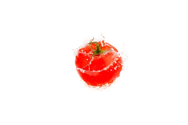 Tomaten mit Spritzern Wasser isoliert auf weiß — Stockfoto