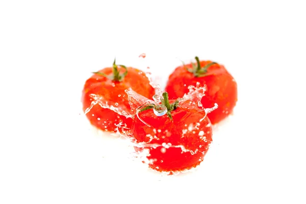 西红柿与溅水隔绝在白色 — 图库照片