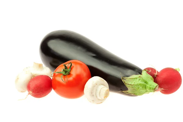 Eggplant, mushrooms, radishes and tomatoes isolated on white — Stock Photo, Image