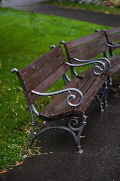 Wet benches in the park on rain — Stock Photo, Image
