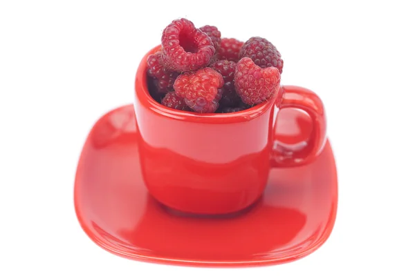 रास्पबेरी, सॉसर और कप एक सफेद पर अलग है — स्टॉक फ़ोटो, इमेज