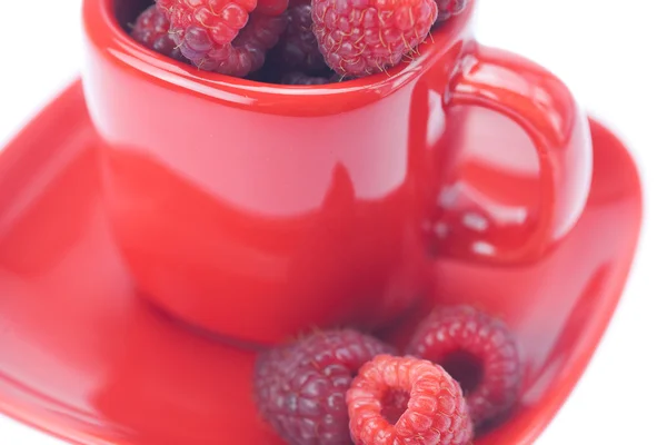 树莓、 碟子和杯子被孤立在一张白纸 — 图库照片