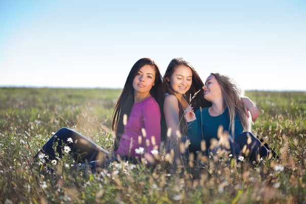Beautiful teenager woman sitting in a camomile field — Stock Photo, Image