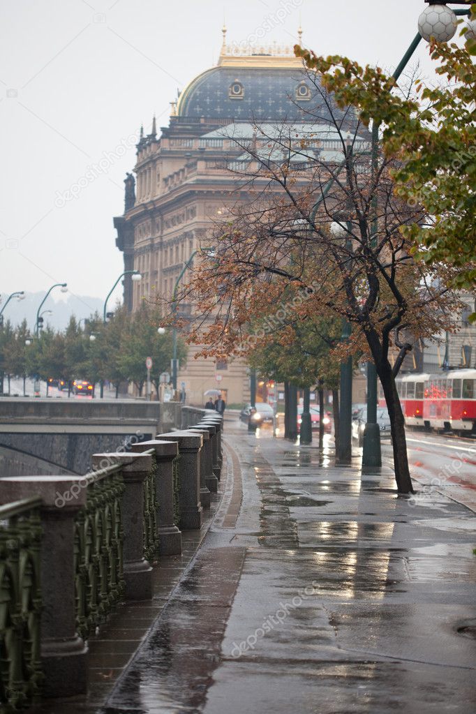 Views of the city of Prague in the rain