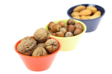 Nuts in bowls isolated on white