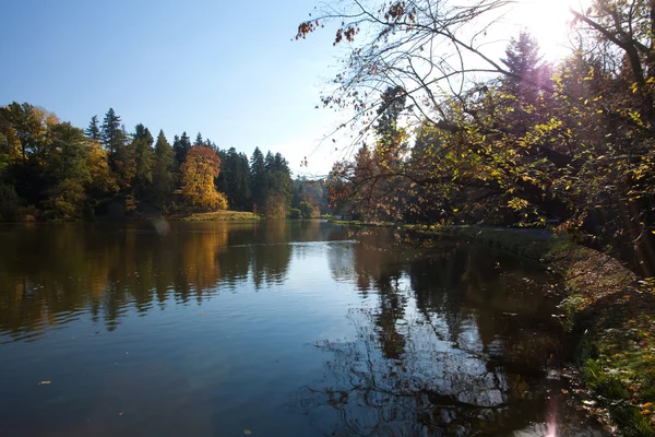 Beau paysage d'automne avec des arbres colorés et un étang — Photo