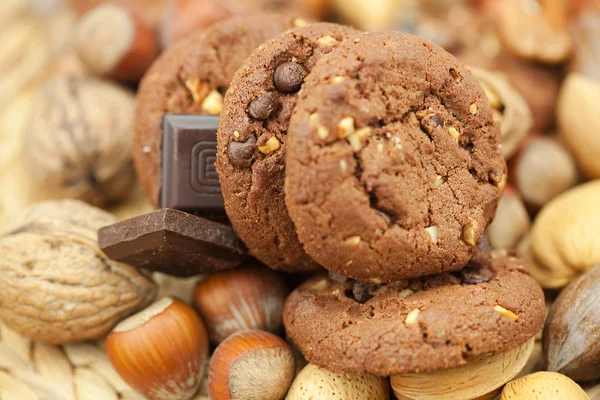 Galletas de avena, chocolate y nueces en una estera de mimbre — Foto de Stock