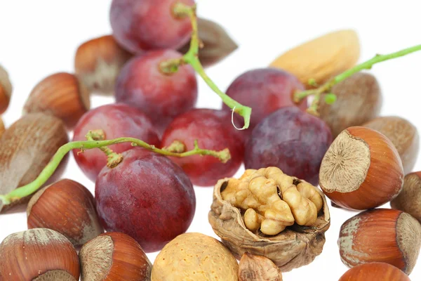Nuts and grapes isolated on white — Stock Photo, Image