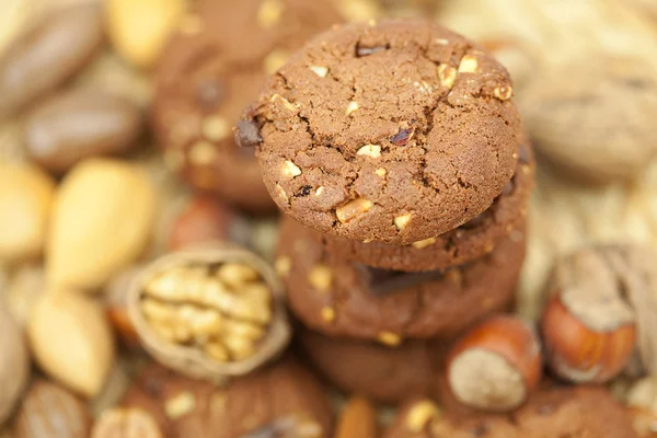 오트밀 쿠키, 초콜릿, 고리 버들 세공 매트에 견과류 — 스톡 사진