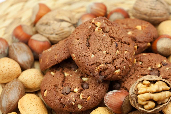 Haferflocken-Kekse und Nüsse in einer Weidenmatte — Stockfoto