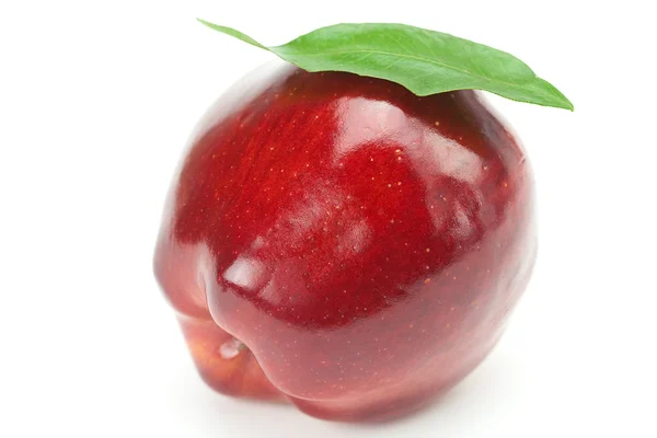 Червоне яблуко з зеленим листом ізольовано на білому — стокове фото