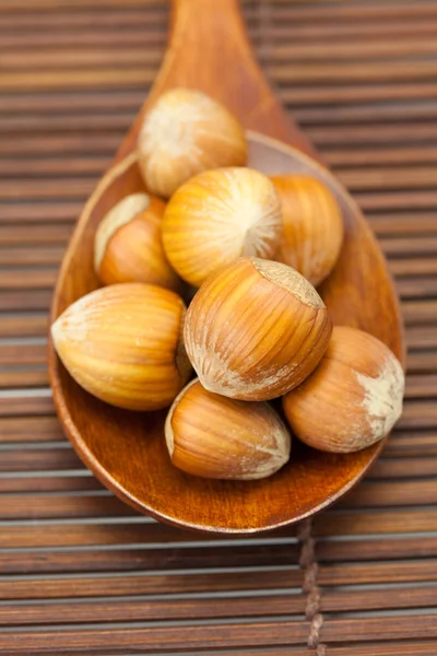 Hazelnuts on a wooden spoon on a bamboo mat — Stock Photo, Image