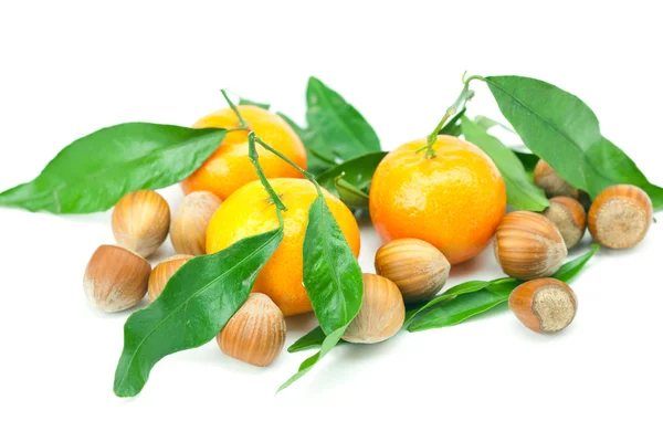 Mandarino con foglie verdi e noci isolate su bianco — Foto Stock