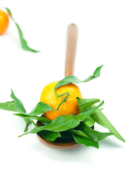 Mandarin yeşil yapraklar üzerinde beyaz izole bir tahta kaşık ile — Stok fotoğraf