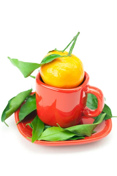 Mandarine mit grünen Blättern in einer Tasse isoliert auf weiß — Stockfoto