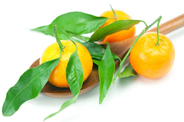 Mandarina con hojas verdes sobre una cuchara de madera aislada sobre blanco — Foto de Stock