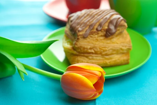 Cake with chocolate on the plate, tulip and a cup on the fabric — Stock Photo, Image