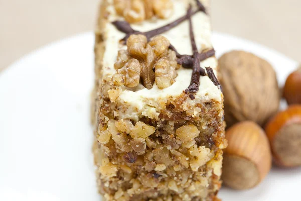 Piece of cake with nuts lying on the plate — Stock Photo, Image