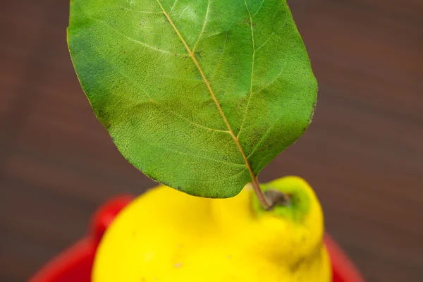 Žlutá kdoule se zelenými listy v šálku na bambusové rohoži — Stock fotografie