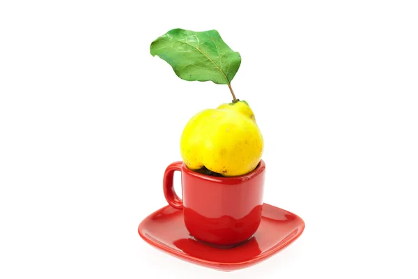 Gelbe Quitten mit grünen Blättern in einer Tasse isoliert auf weiß — Stockfoto