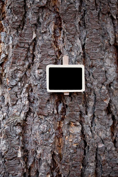 Blackboard attached to a background of tree bark — Stock Photo, Image
