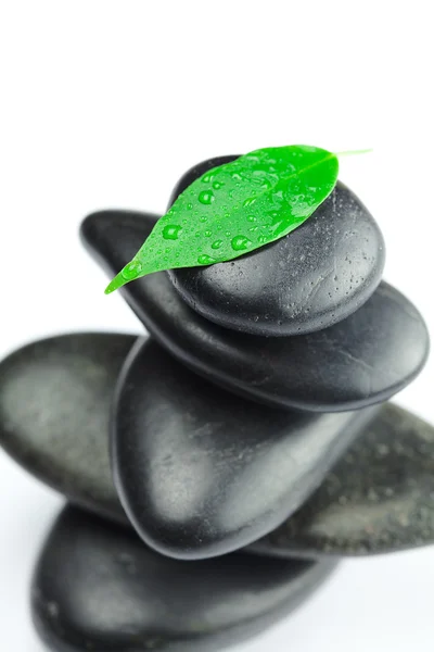 Piedras termales negras con hoja verde y una gota de agua aislada —  Fotos de Stock