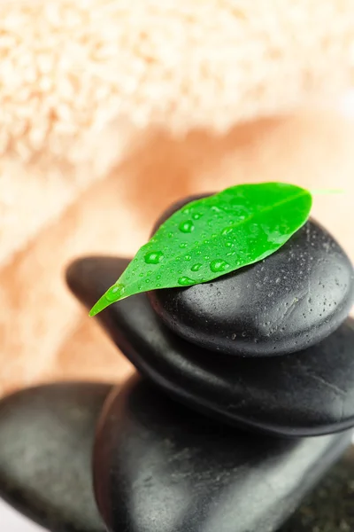 Black spa stones with green leaf and a drop of water on the tow — Stock Photo, Image