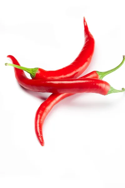 Šťavnaté červené chilli papričky, izolované na bílém — Stock fotografie