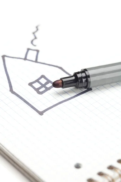 Marker and painted the house on the notebook sheet — Stock Photo, Image