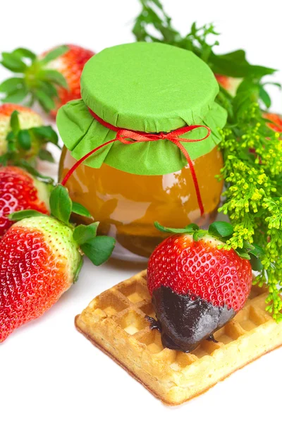 Grosses fraises mûres juteuses dans du chocolat, un pot de miel et de waf — Photo