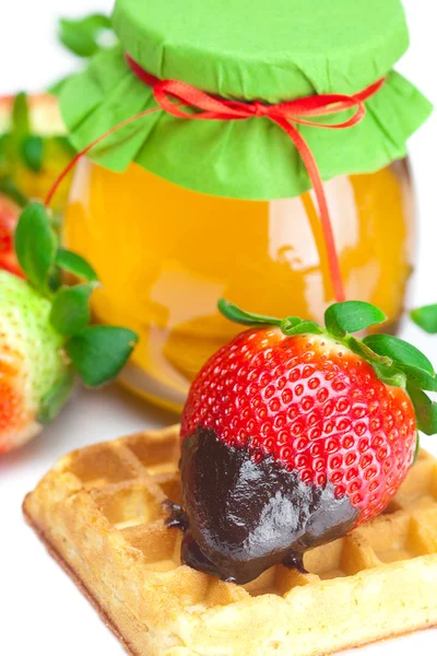 Iso mehukas kypsä mansikat suklaassa, purkki hunajaa ja vohvelia — kuvapankkivalokuva