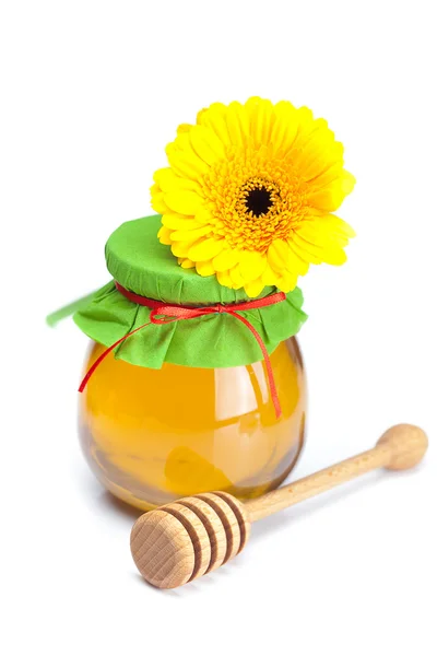 坚持 hohey、 花卉和罐蜂蜜上白色隔离 — 图库照片