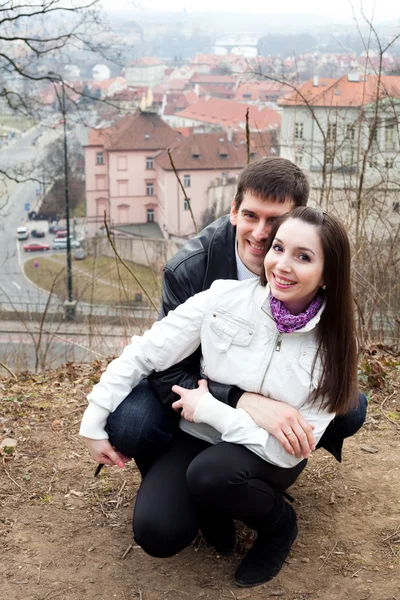 Beautiful young love couple in city Prague — Stock Photo, Image