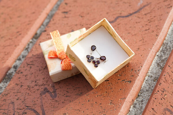 Small box with a garnet earrings outdoor